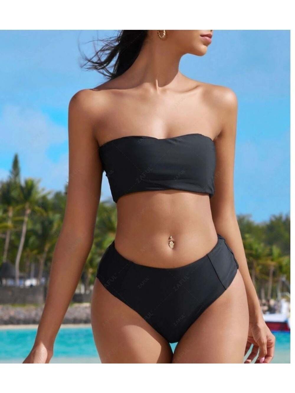 ZAFUL Forever Young Collection Black High-Waist Bandeau Bikini Set Medium (6) - Picture 7 of 8